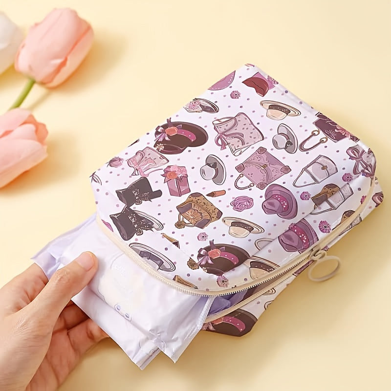 1pc Bolsa Sanitaria de Gran Capacidad con Estampado de Sombrero y Caramelo - Organizador Ligero y Duradero de Poliéster Multifuncional para Accesorios de Viaje, Maquillaje y Esenciales Femeninos (Colores Mixtos), Diseño Divertido