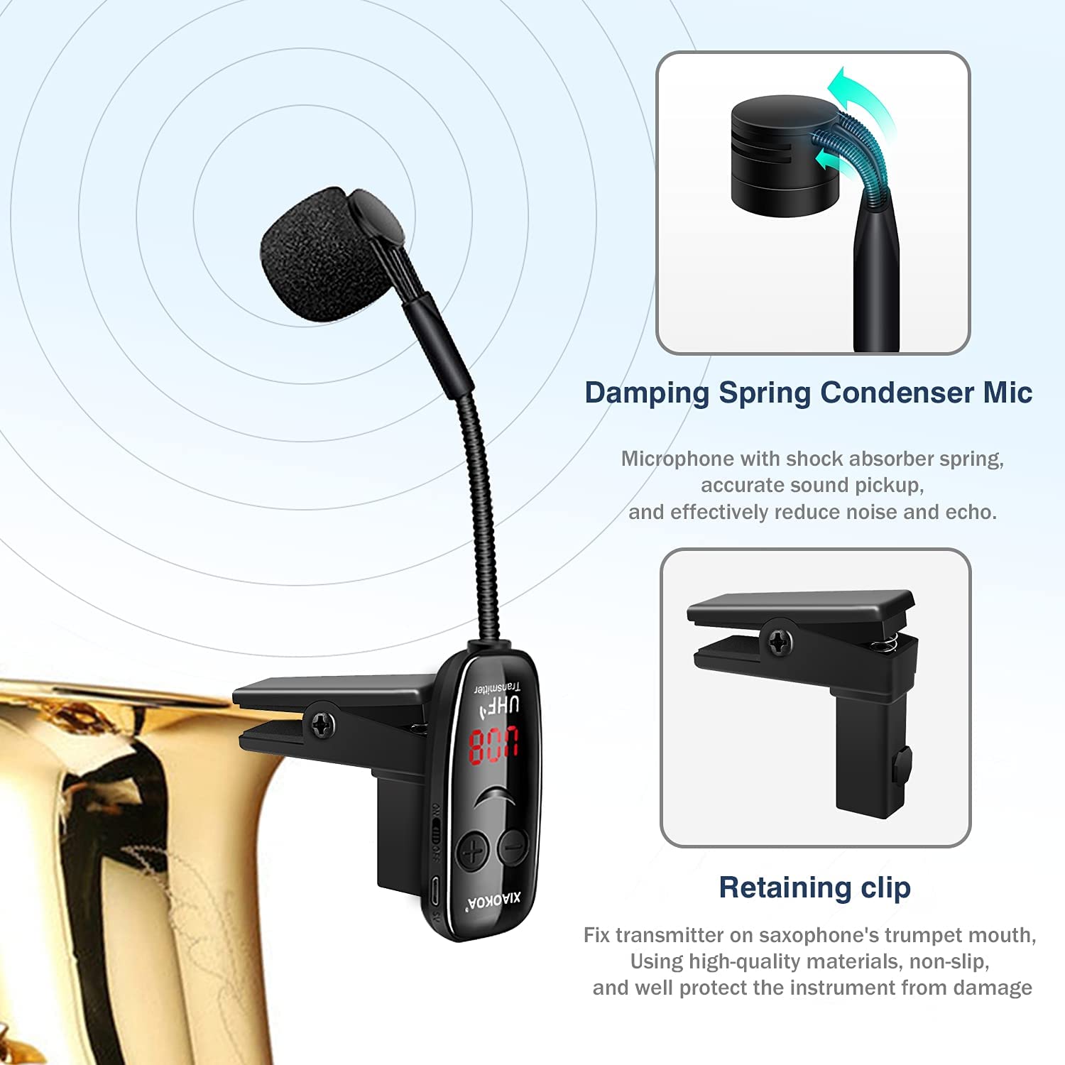 Micrófono Inalámbrico para Instrumentos, Sistema de Micrófono Inalámbrico UHF para Saxofón, Trompetas, Clarinete, Violonchelo - Receptor y Transmisor