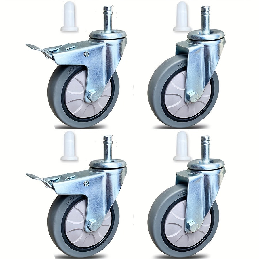 Conjunto de 4 ruedas giratorias de metal pulido, con ruedas de goma de alta resistencia de 10.16 cm con frenos, ideales para carros y carretillas universales en hoteles, restaurantes, oficinas, supermercados, estantes de secado y equipos domésticos