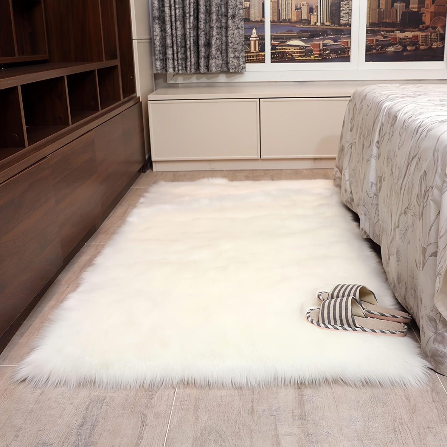 1pc Alfombra de Pelo Sintético Suave, Alfombra de Felpa Antideslizante de Poliéster, Alfombra Acogedora para Lado de la Cama, con Limpieza en Seco Solo, para Sala de Estar, Dormitorio, Estudio, Vestidor, Decoración para el Hogar, Navidad