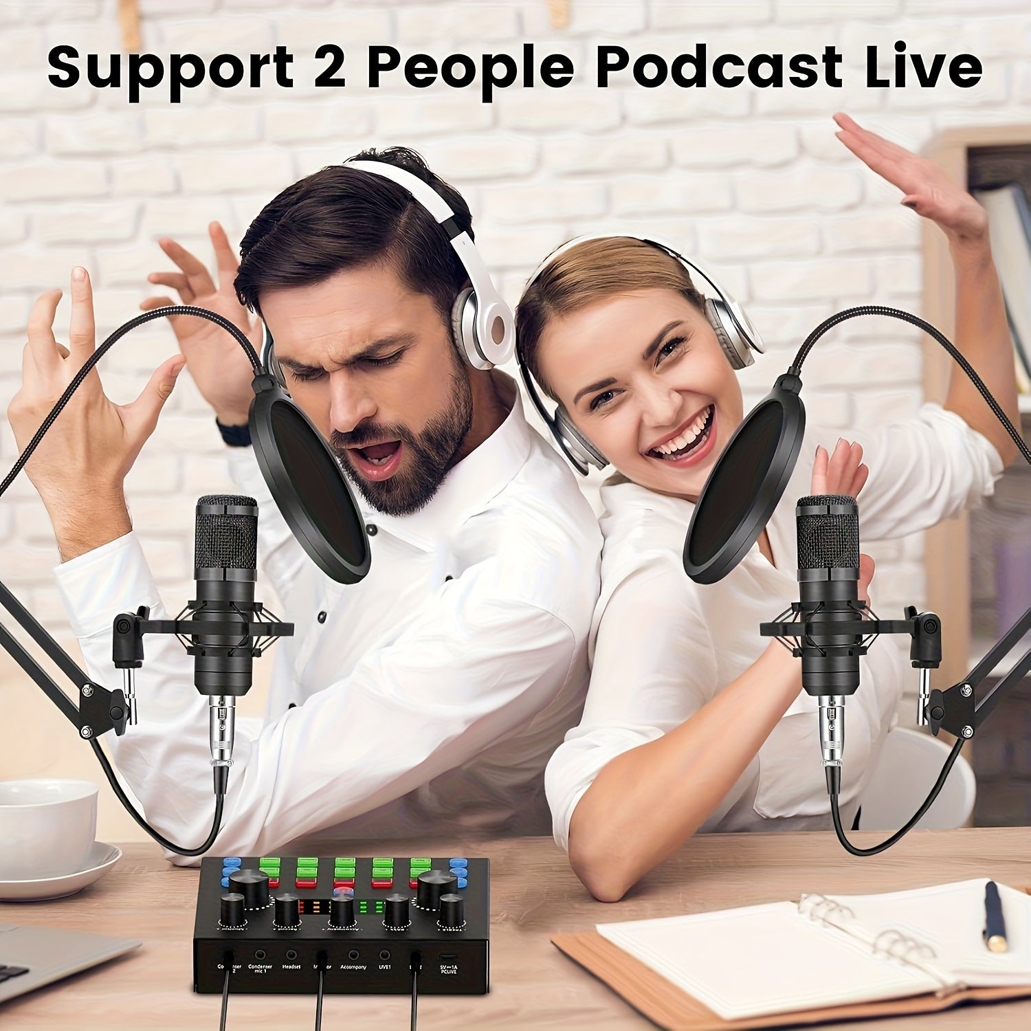 Kit de podcast para 2 personas con micrófono de condensador transformador, interfaz de audio y mezclador integrado - Ideal para gamers, transmisiones en vivo y canto, color negro, batería de litio recargable, conexión USB dual, equipo de audio para gamin