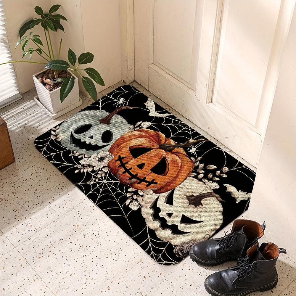 1pc Felpudo de Halloween de poliéster, diseño de telaraña de calabazas negras, felpudo decorativo de entrada espeluznante, respaldo de goma antideslizante para interiores/exteriores, rectangular, lavable a máquina, decoración de piso para el hogar y la c