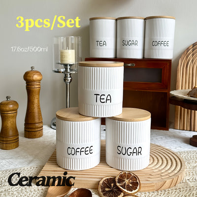 Juego de recipientes de cerámica con tapas de madera herméticas - 3 piezas de almacenamiento de cocina para harina, azúcar, café, té y especias - Decoración moderna de encimera (16,9 oz)
