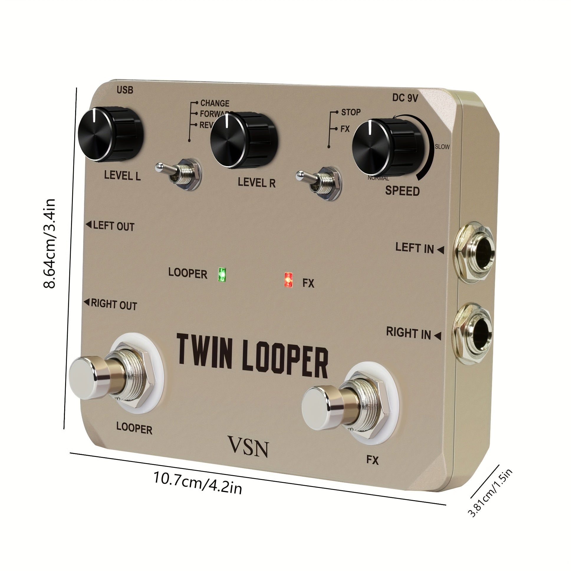 VSN TWIN LOOPER Pedal de efectos de guitarra, True Bypass, señal analógica de alta calidad, alimentado por USB, con bucle de 10 minutos, sobrescritura infinita y deshacer, controles de velocidad y reversa, función de bucle dual, interfaz de botón y peril