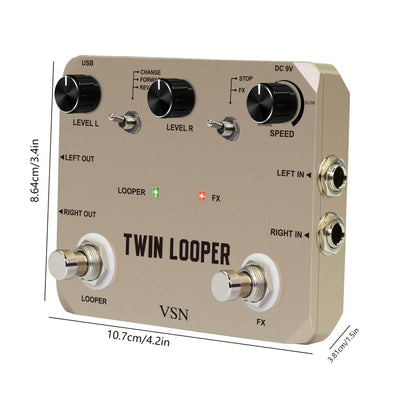 VSN TWIN LOOPER Pedal de efectos de guitarra, True Bypass, señal analógica de alta calidad, alimentado por USB, con bucle de 10 minutos, sobrescritura infinita y deshacer, controles de velocidad y reversa, función de bucle dual, interfaz de botón y peril