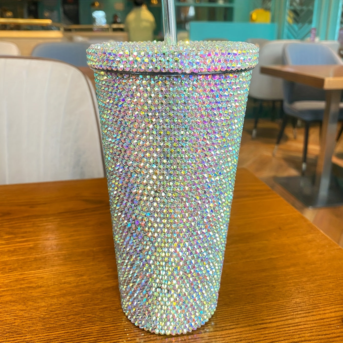 1pc, Vaso Con Tapa Y Pajita Con Incrustaciones Brillantes, Botella De Agua De Acero Inoxidable 304, Tazas De Agua Con Aislamiento Al Vacío De Doble Pared, Bebidas De Verano E Invierno, Accesorios De Viaje, Regalos