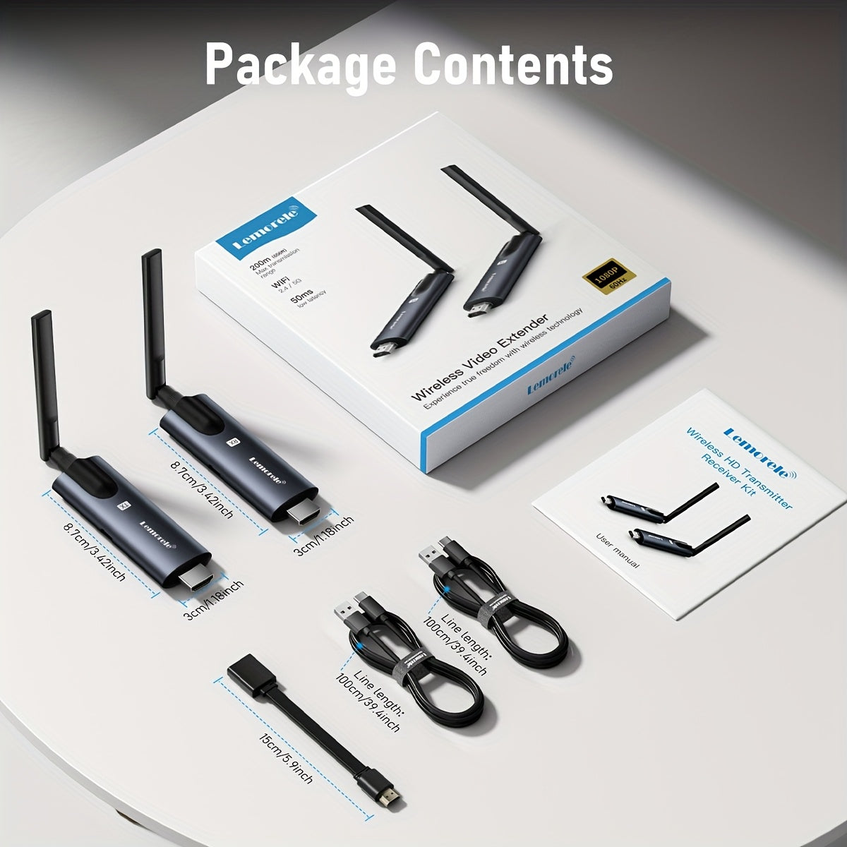 Extensor y receptor inalámbrico HDTV Lemorele 5G 200M - Baja latencia de 50ms, USB-C, plug and play, para teléfonos Android, laptops, TV, proyector, monitor, pantalla de TV | Diseño elegante | Conector USB-C