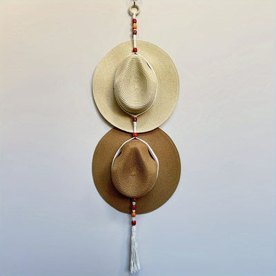 Colgador de sombreros de macramé ajustable estilo boho chic - Tejido a mano y madera de pino, perchero de pared para sombreros de ala ancha, vaqueros y fedoras - Organizador ahorrador de espacio con detalles de borlas, fácil instalación sin herramientas