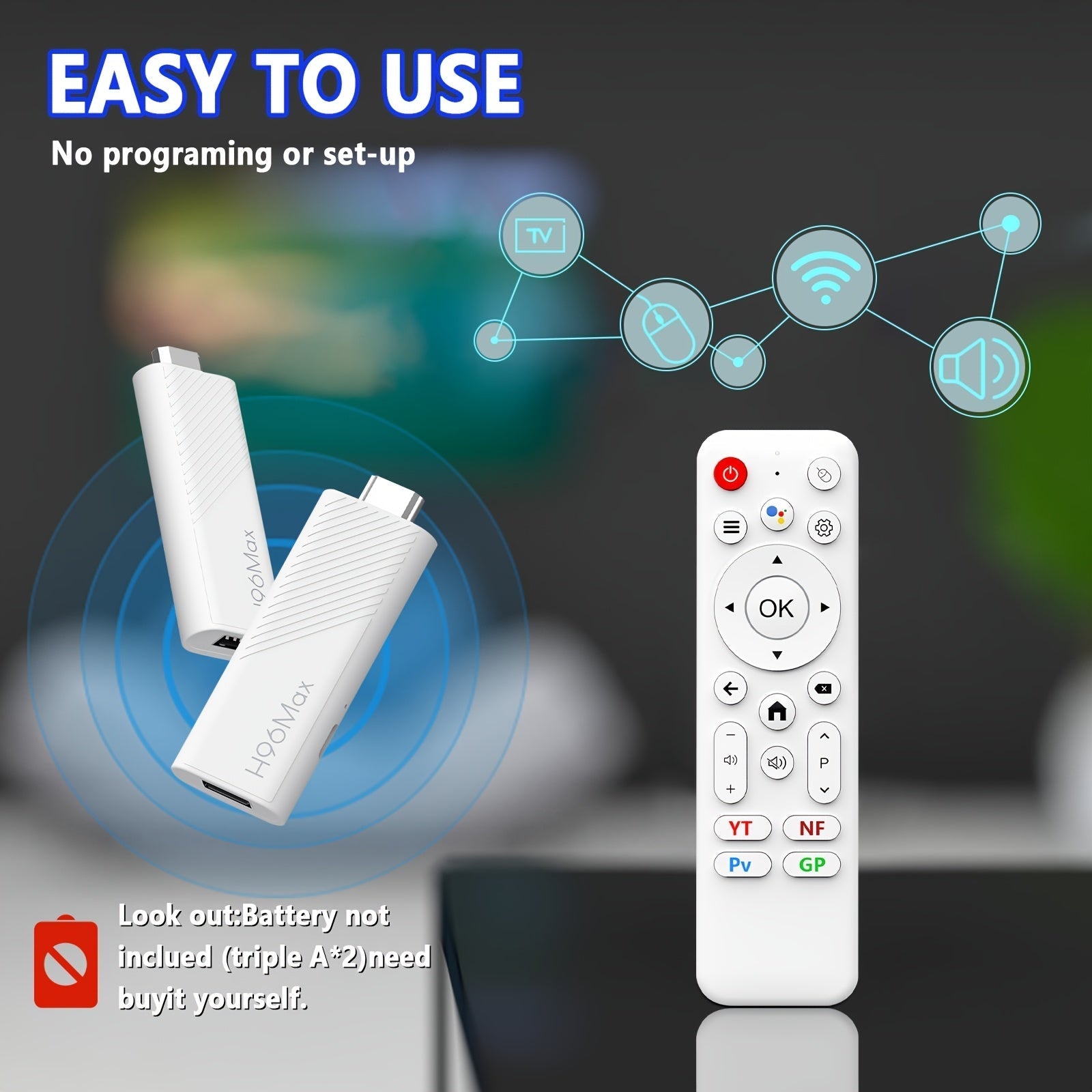 Huawei H96 MAX Mini TV Stick, Blanco | Android 14.0 | 4K@60fps | Procesador Quad-Core | WiFi 6 | Soporte para Google Assistant | Caja de Sistema ATV | Reproductor Multimedia Inteligente | Dispositivo Portátil de Streaming
