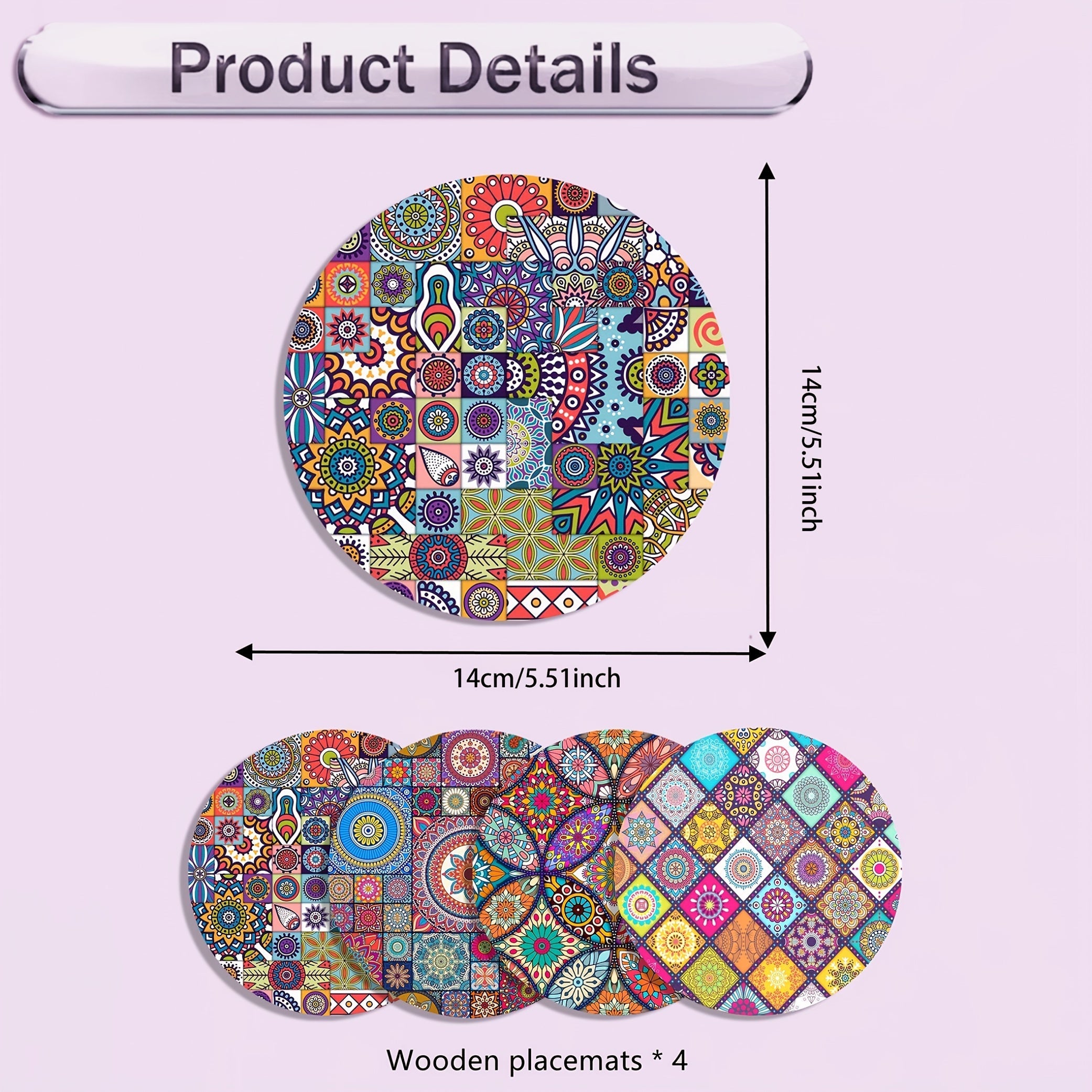 Juego de 4 Manteles Individuales de Madera con Mandala - Duraderos, Resistentes al Calor, Antideslizantes y Fáciles de Limpiar - Perfectos para el Hogar, la Oficina, Fiestas y Festivales
