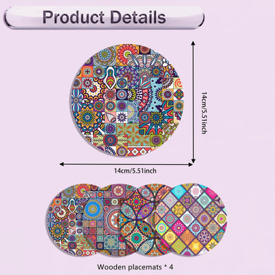 Juego de 4 Manteles Individuales de Madera con Mandala - Duraderos, Resistentes al Calor, Antideslizantes y Fáciles de Limpiar - Perfectos para el Hogar, la Oficina, Fiestas y Festivales