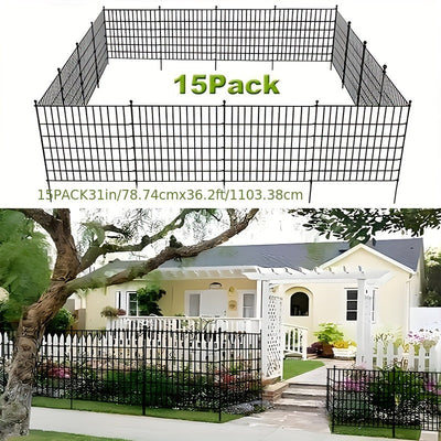 Cerca de jardín negra sin excavación, 5/10/15 paneles, 78.74 cm de alto, alambre metálico resistente al óxido con barrera para animales, ideal para perros y conejos, decoración exterior, cerca temporal para perros, estacas incluidas