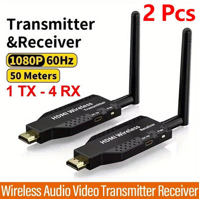 ALYNIC 1080P 60Hz 50m Transmisor y receptor inalámbricos compatibles con HDTV, 1 TX a 4 RX Adaptador de dongle de video y audio portátil HD, kit de extensor con antena de baja latencia para cámara, portátil, PS4, PC a proyector de TV, monitor, plug & pla