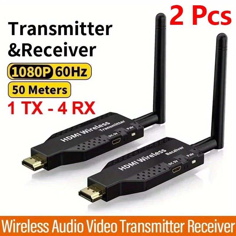 ALYNIC 1080P 60Hz 50m Transmisor y receptor inalámbricos compatibles con HDTV, 1 TX a 4 RX Adaptador de dongle de video y audio portátil HD, kit de extensor con antena de baja latencia para cámara, portátil, PS4, PC a proyector de TV, monitor, plug & pla