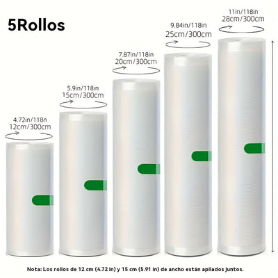 Juego de 5 Rollos Selladores al Vacío Libres de BPA, Bolsas Texturizadas Duraderas y Resistentes a Perforaciones, Ancho Variado (Diversos Anchos) y 3 Metros Cada Uno, Perfecto para la Conservación de Alimentos, Sous Vide y Almacenamiento en Gran Volume,