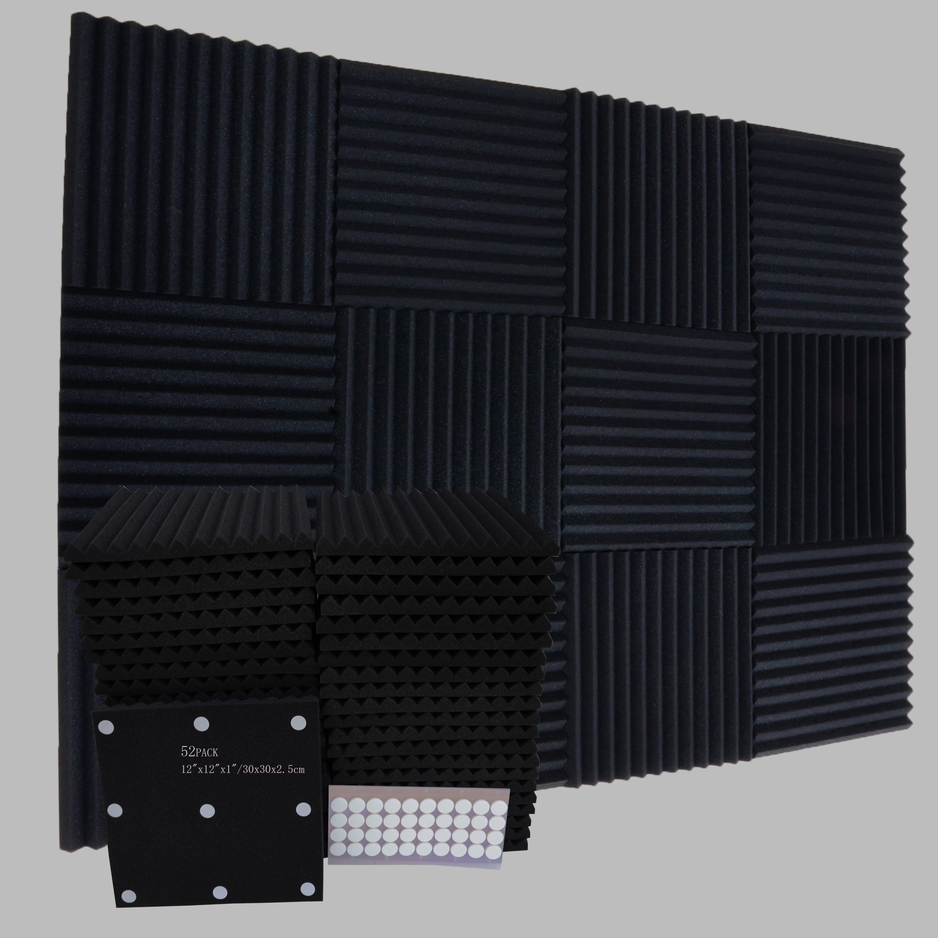 52 piezas de paneles de espuma acústica negra SMOLL, 12"x12"x1" cuña, insonorización para estudio, piano, sala de música, KTV, reducción de eco, absorción de ondas sonoras de frecuencia media-alta, cinta adhesiva nano incluida.