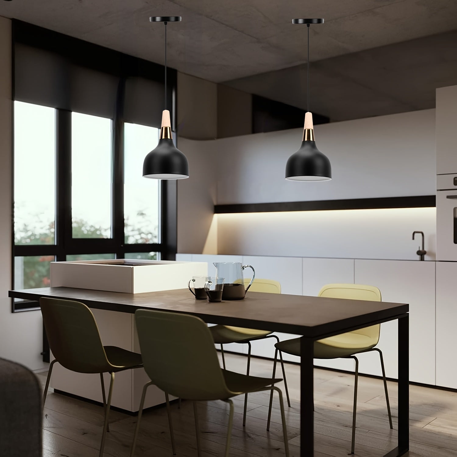Lámpara colgante moderna de metal negro con domo de madera - Altura ajustable, montaje semiempotrado, candelabro desmontable para isla de cocina, comedor, pasillo, vestíbulo, dormitorio - No incluye bombilla, iluminación de cocina | Acabado metálico eleg