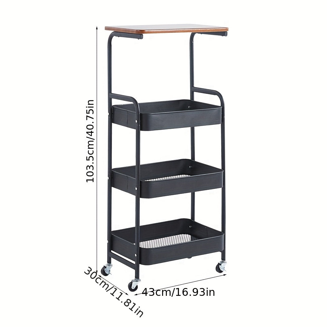 Carrito de Almacenamiento Versátil de 4 Niveles con Ruedas - Diseño Delgado, Tapa de Madera y Cestas de Malla para Cocina, Oficina, Baño - Estructura Metálica Duradera, Acabado en Polvo - Negro/Blanco, Ganchos de Utilidad