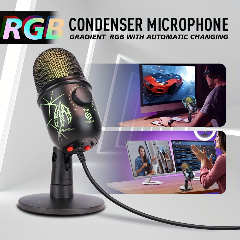 Micrófono condensador USB LMBGM con iluminación RGB, control de volumen, reducción de ruido, conector USB-C, patrón polar unidireccional, para juegos, canto, transmisiones, videoconferencias y podcasting