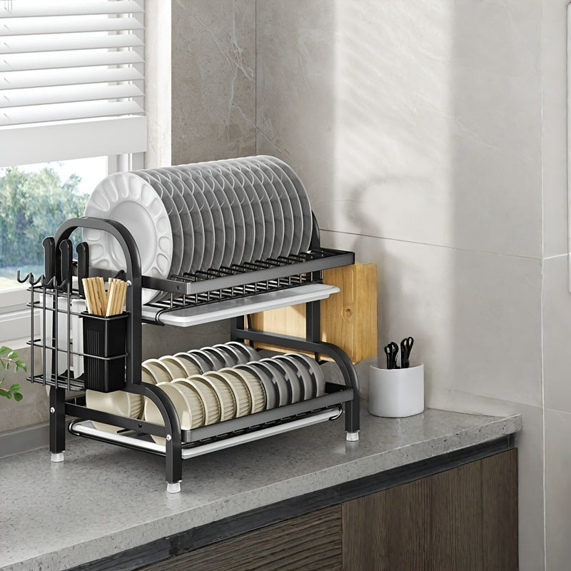 1pc Organizador de Cocina de Acero Inoxidable Resistente con Bandeja de Drenaje - Estante de 2 Niveles para Encimera, Ganchos para Utensilios - Ahorro de Espacio, Fácil Limpieza, Diseño Minimalista, Almacenamiento de Vajilla y Cubiertos, Ideal para Hogar