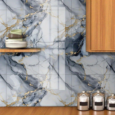 12 paneles autoadhesivos de mármol para pared de ducha, impermeables, elegantes en blanco y gris con vetas doradas, ideales para baño, cocina y sala, azulejos de PVC de 29.97 cm x 29.97 cm | Textura de mármol | Estructura de PVC, decoración para baño