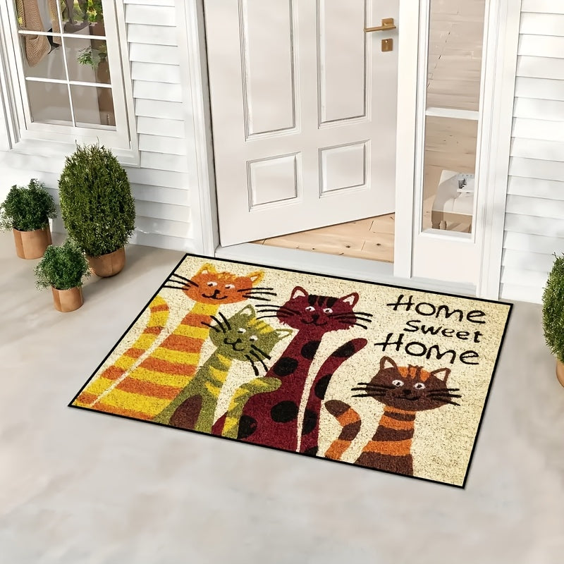 Alfombra de bienvenida con gatos acogedora, 1 unidad – Alfombra de poliéster suave lavable a máquina con divertidos gatos de dibujos animados y texto "HOGAR DULCE HOGAR", ideal para entrada, cocina, sala o decoración de dormitorio