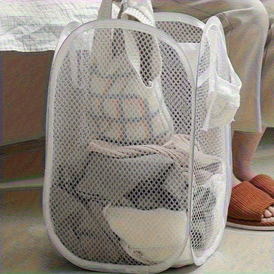 Cesta de ropa alargada contemporánea de malla de poliéster con asas – Cesto plegable de gran capacidad para almacenar ropa en sala, baño o dormitorio – Despliega fácilmente, múltiples componentes sin forro