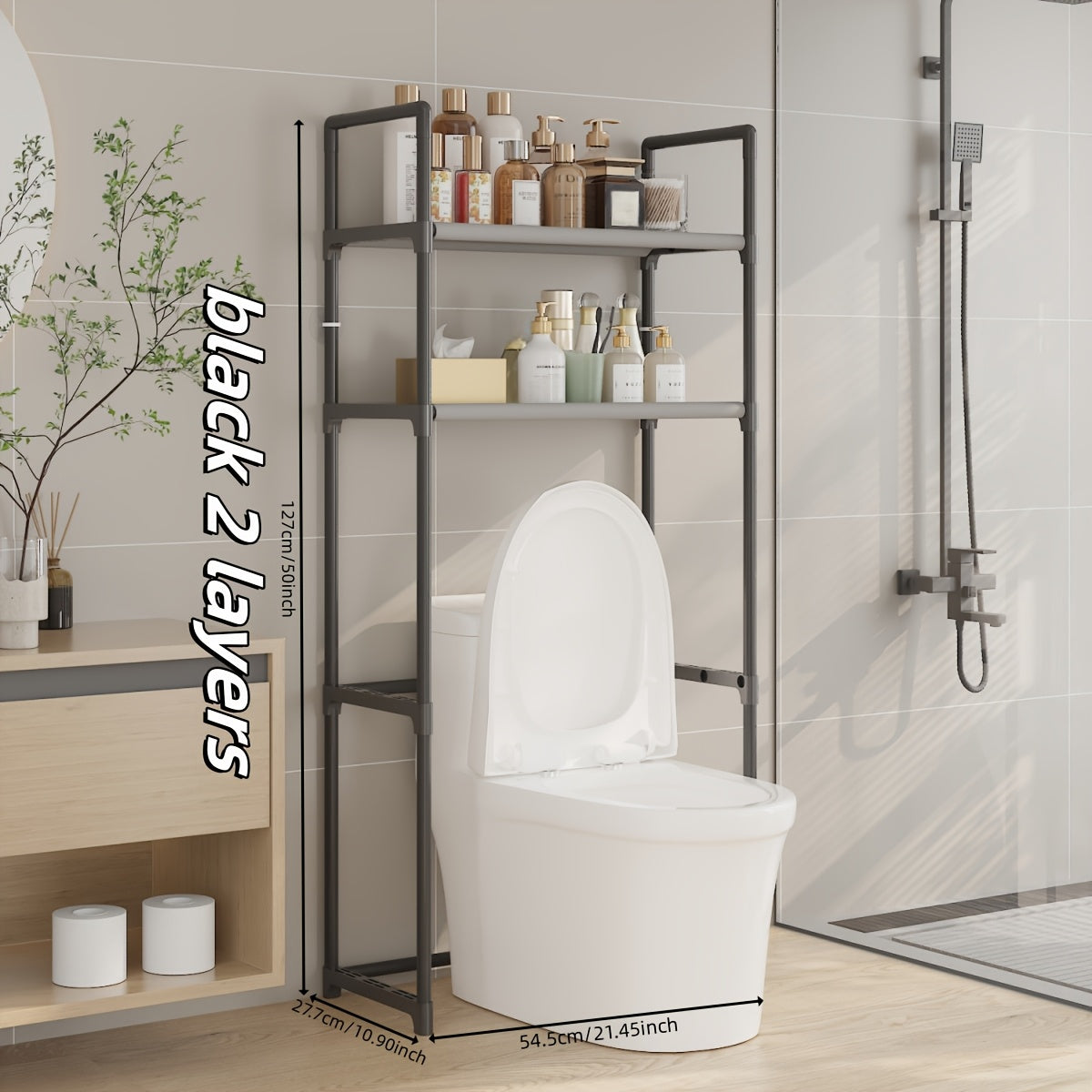 1 pieza, Organizador de baño de metal de varios niveles independiente - Negro elegante, fácil de ensamblar, diseño que ahorra espacio para artículos de tocador y accesorios, organizadores y almacenamiento de baño, estantes