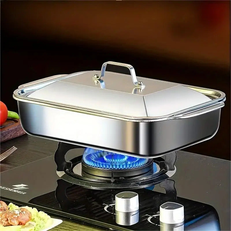 Juego de bandejas de asado de acero inoxidable con tapas, bandeja de asado rectangular de alta resistencia antiadherente, bandeja de horno multiusos para postres, pan, bandeja de asado de doble asa, bandeja de mariscos - Ideal para asados, bufés y fiesta
