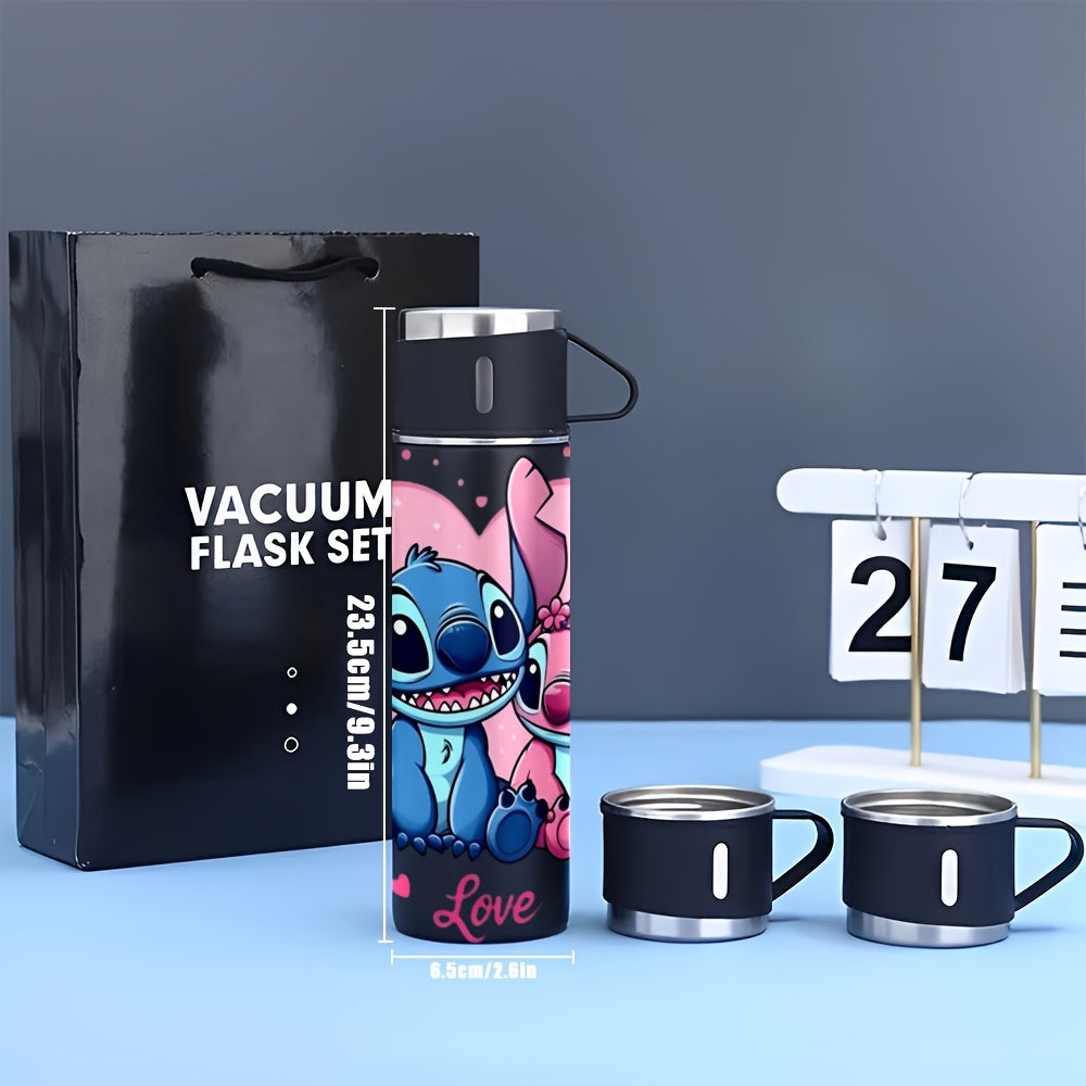 Juego de 1 termo de acero inoxidable Disney Stitch de 17 oz, taza térmica a prueba de fugas con 3 tazas para bebidas frías y calientes, ideal para viajes de negocios y útiles escolares, modelo LHB03211