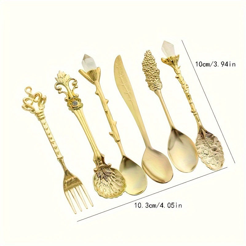 Juego de Cubiertos de Acero Inoxidable Tallados al Estilo Vintage Dorado de 6 Piezas - Cucharas y Tenedores de Estilo Real Mini para Café, Aperitivos, Postres - Vajilla Elegante para Cocina y Restaurante