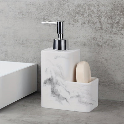 Dispensador de jabón de mármol blanco elegante con soporte de cepillo - Autónomo, no necesita electricidad, material de resina, ideal para encimeras de cocina y baño, incluye almacenamiento de almohadilla de limpieza, dispensador de jabón para baño