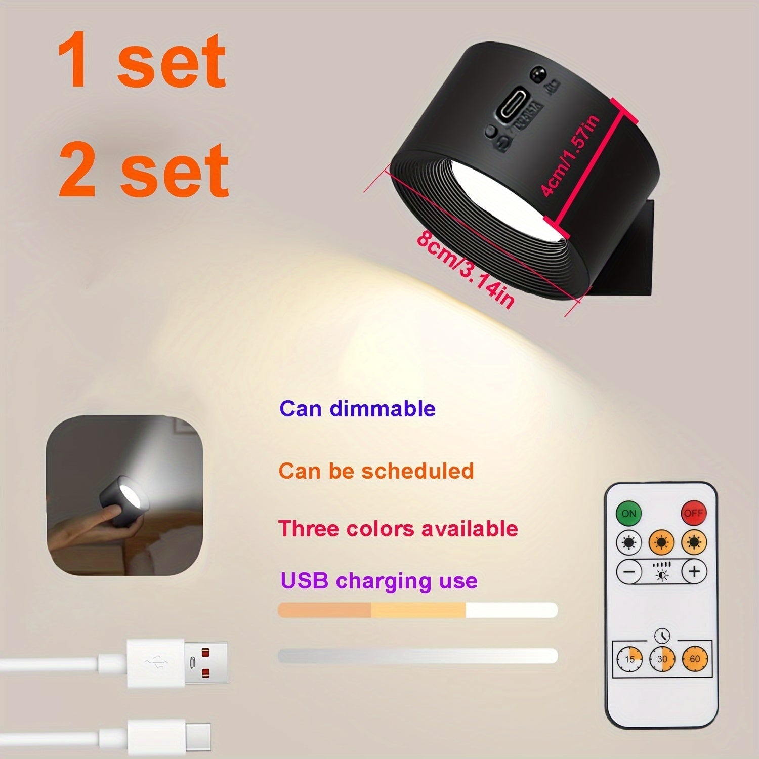 Apliques de pared LED festivos: 1/2 juego, regulables, 3 temperaturas de color, control remoto, rotación 360°, carga USB, ideales para decoración navideña, perfectos como regalo de Navidad, oficina, habitación, hotel, fiesta o restaurante