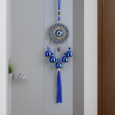 1pc Placa de Flor con Borla y Campana de Ojo Azul para Decoración de Pared de Ventana de Entrada, Campanilla de Viento para Pasillo Exterior, Balcón y Patio