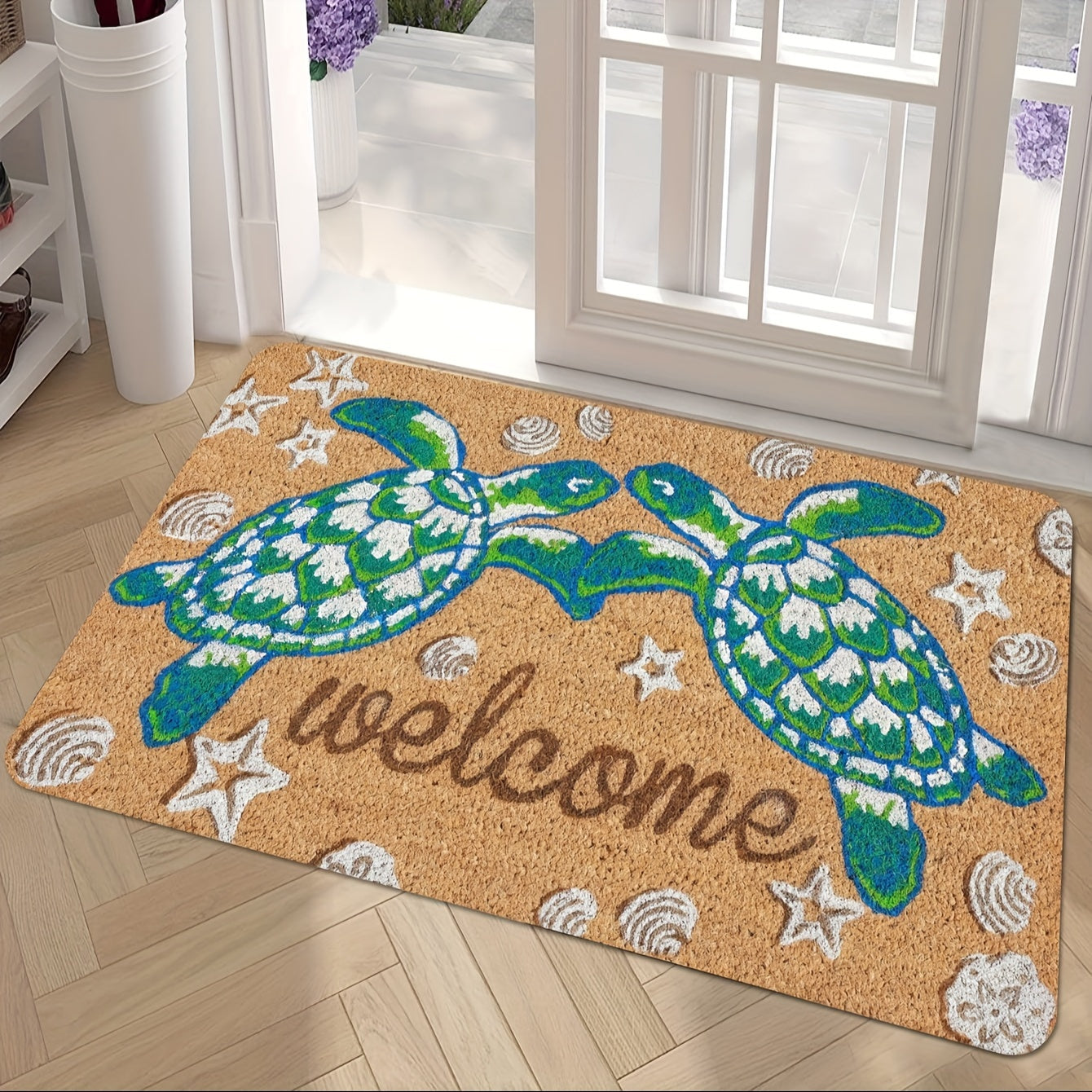 1 alfombra de bienvenida con diseño de tortuga antideslizante - Alfombra de poliéster lavable a máquina con respaldo de PVC, decoración temática costera para baño, cocina, sala y dormitorio, alfombra para piso de cocina | Decoración temática costera | Al