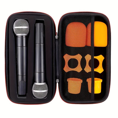 Estuche Doble para Micrófonos - Tela PU Duradera con Bolsillos de Malla y Asas Resistentes, Cierre Seguro con Cremallera para Organización de Accesorios de Podcasting, Estudio y Grabación en Campo - Organizador Elegante