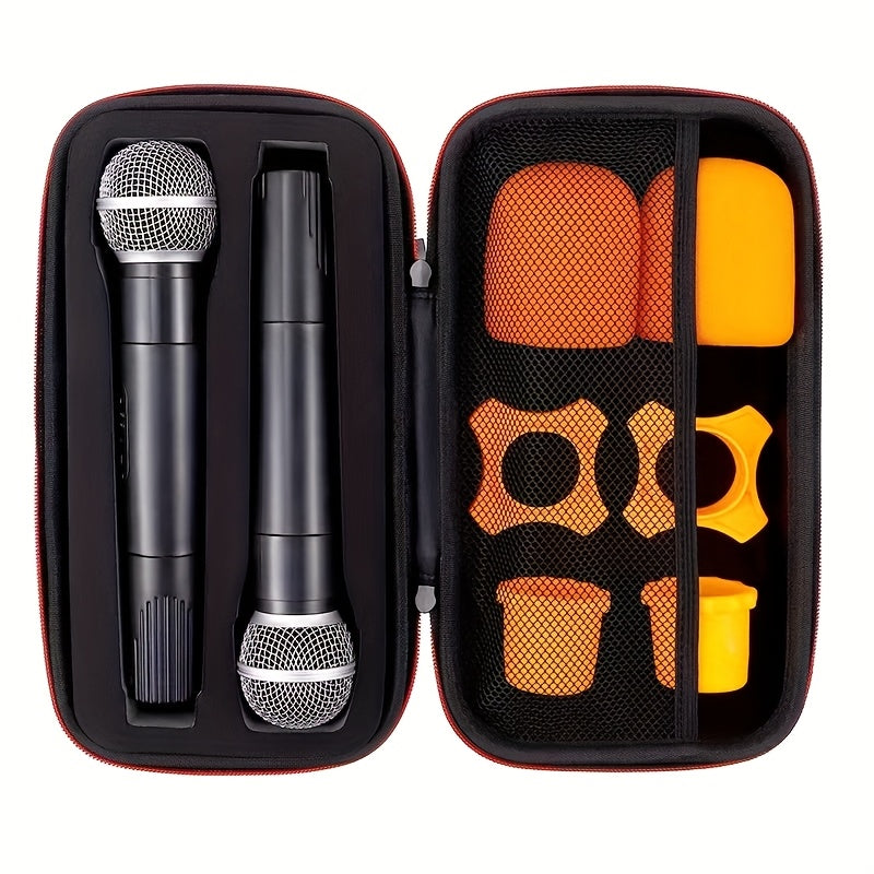 Estuche Doble para Micrófonos - Tela PU Duradera con Bolsillos de Malla y Asas Resistentes, Cierre Seguro con Cremallera para Organización de Accesorios de Podcasting, Estudio y Grabación en Campo - Organizador Elegante