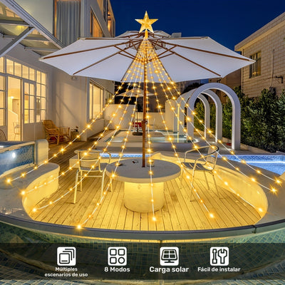 298.7cm 280 LED Luz de Cascada de Agua de Estrella, Luz Solar para Acampar al Aire Libre, 8 Modos de Luces de Cadena para Decoración de Jardín, Cortina, Patio, Árbol de Navidad, Fiesta, Hogar, Boda, Luz de Festival IP54 6.6ft 200LED