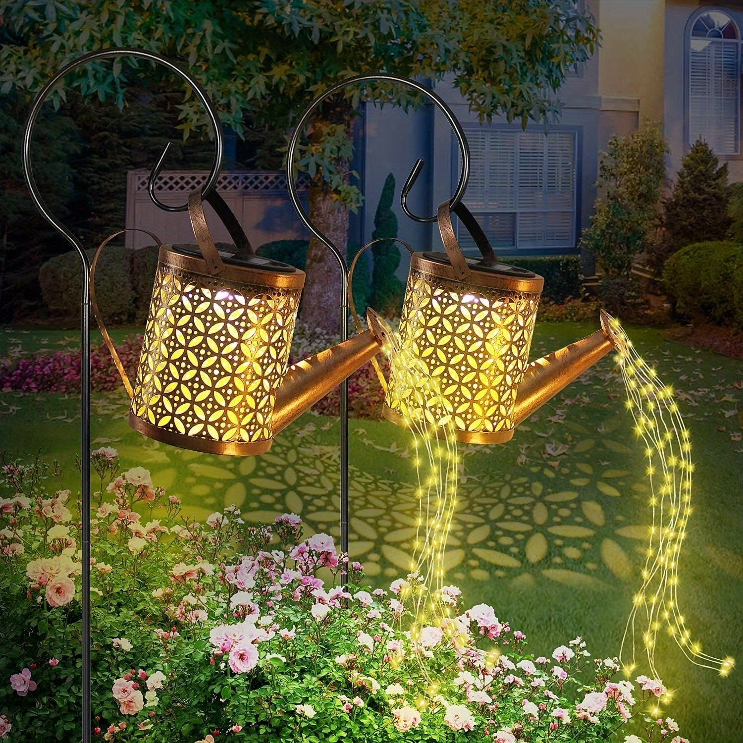 Luces de regadera flotantes alimentadas por energía solar con luces cascaderas - Impermeables, resistentes al sol, ideales para senderos de jardín, patios, vallas y caminos, uso de 4 estaciones, sensor automático, iluminación automática | Iluminación dec