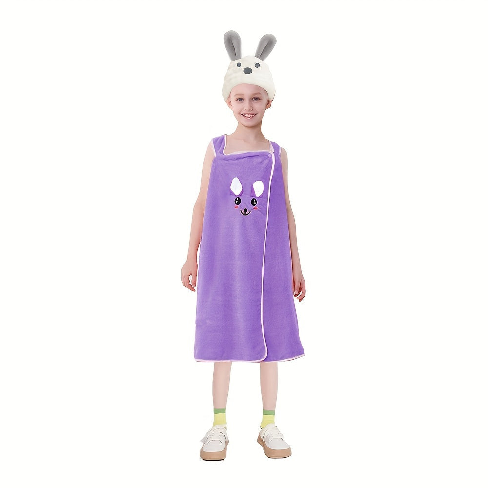 Lindo conjunto de falda de baño de oído de conejo de dibujos animados, incluyendo 1 gorra de pelo seco y 1 falda de baño, toalla de baño de niños de secado rápido suave, adecuada para niños con una altura de 80-120 cm