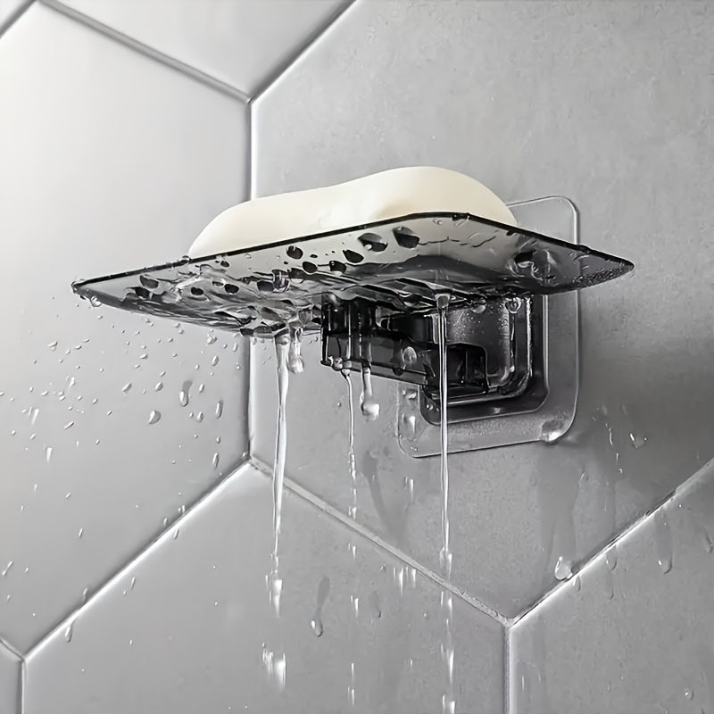 1 unidad de Soporte de jabón rectangular de cristal transparente - de plástico, montado en la pared, instalación sin costuras, sin taladro, diseño de drenaje para la organización del baño