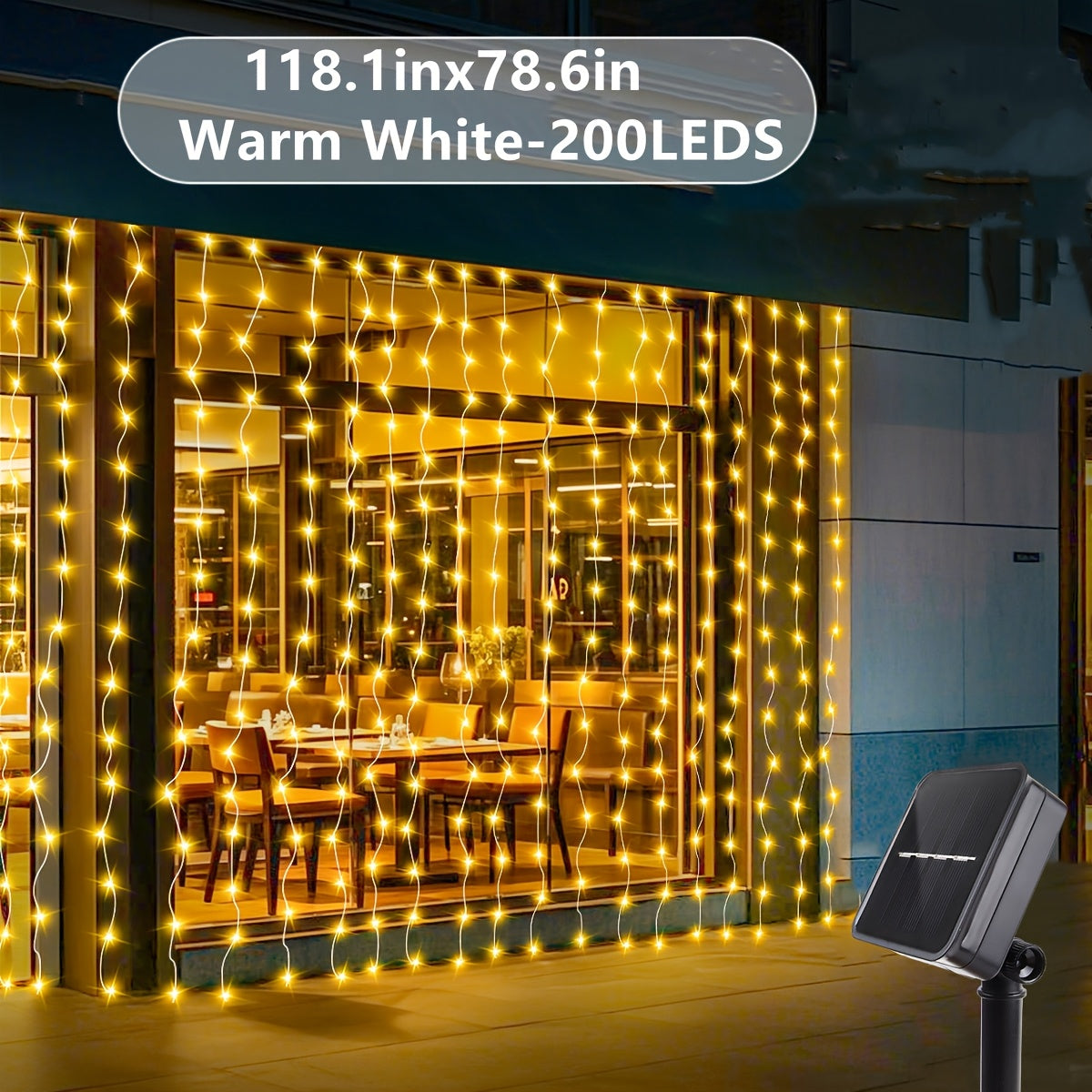 1pc Cortina de Luces Solares Hada - 9.8Ft x 97.54/198.12/298.7 cm, 8 Modos de Iluminación - adecuada para Terrazas Exteriores, Caravanas, Tiendas de Campaña, Jardines y Balcóns, Carga Solar, Regalos Festivos - Navidad, Halloween, Ramadán, Luz Decorativa