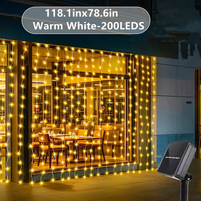 1pc Cortina de Luces Solares Hada - 9.8Ft x 97.54/198.12/298.7 cm, 8 Modos de Iluminación - adecuada para Terrazas Exteriores, Caravanas, Tiendas de Campaña, Jardines y Balcóns, Carga Solar, Regalos Festivos - Navidad, Halloween, Ramadán, Luz Decorativa