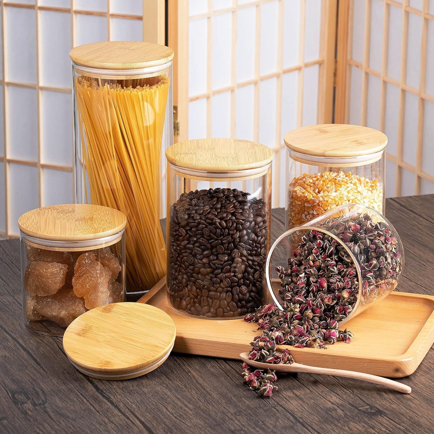 Juego de 5 frascos de vidrio herméticos con tapas de bambú, lavables a mano, recipientes redondos reutilizables para cocina, envases multipropósito con tapa flip top para dulces, galletas, arroz, azúcar, pasta, nueces y especias