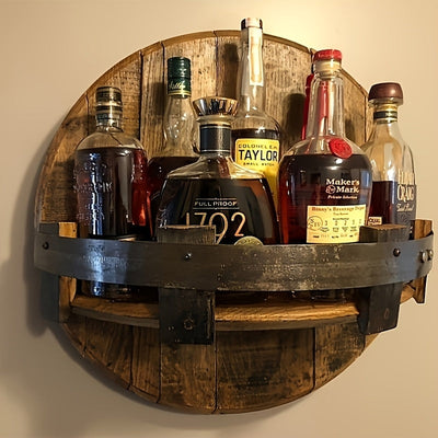 1pc Estante de Bar Clásico con Forma de Barril para Montar en la Pared - Almacenamiento Rústico de Madera Reciclada Multicompartimento para Botellas de Vino y Cristalería, Organizador de Bar Ahorrador de Espacio, Decoración de Estilo Granja para Sala de