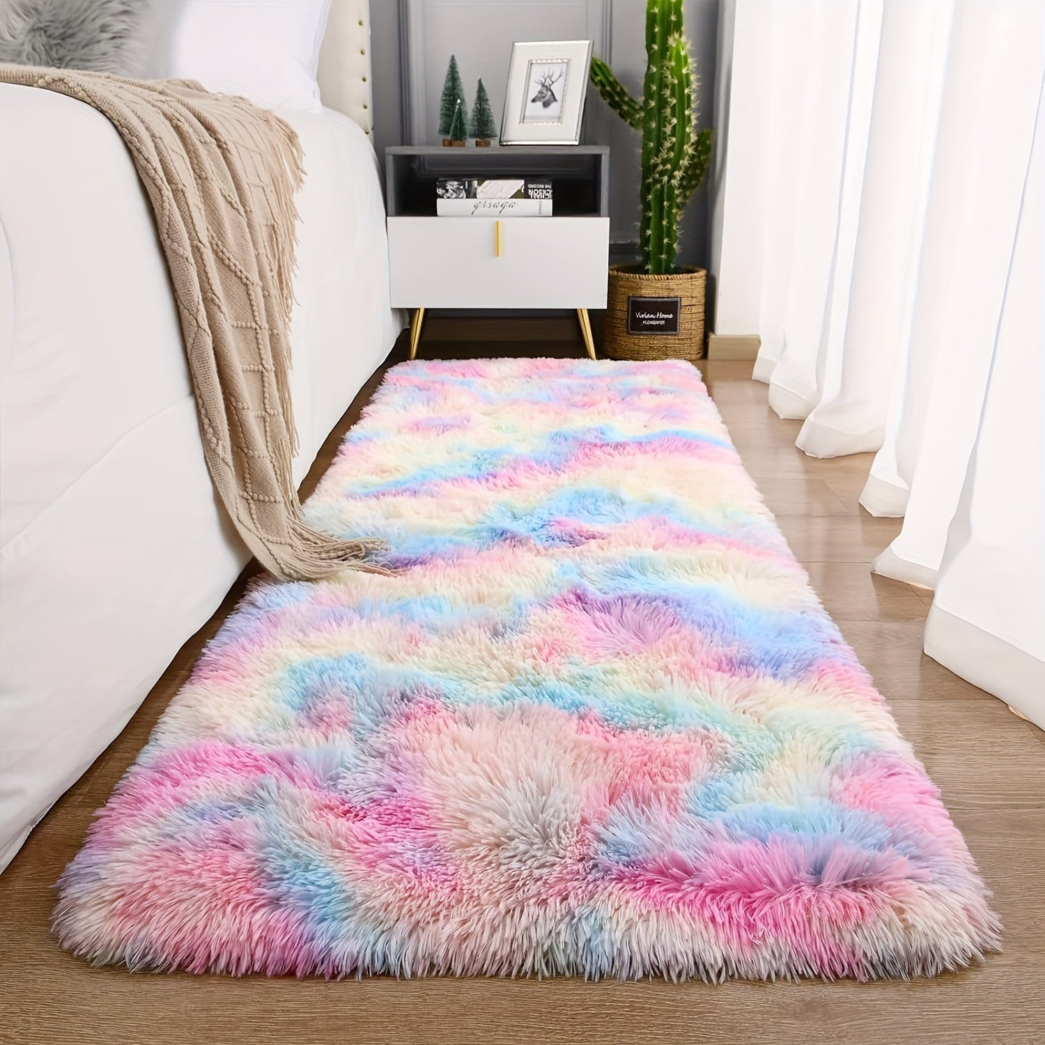 1pc Alfombra de Colores Arcoiris y Peluda, Alfombra Decorativa Colorida, Alfombra de Lana Suave para Dormitorio, Sala de Estar, Área de Descanso, Accesorio de Lado de la Cama, Mesa de Café, Vestidor, Ducha, Entrada, Decoración de Asiento de Sofá - Poliés