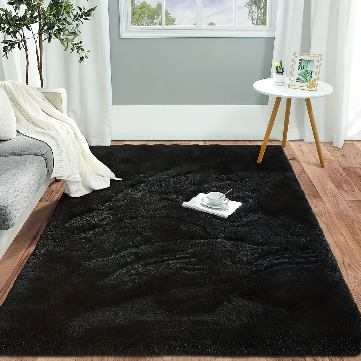 Alfombra grande de felpa suave y esponjosa, lavable a máquina, negra, rectangular, perfecta para sala o escritorio, agrega textura acogedora a cualquier espacio, tapetes para sala