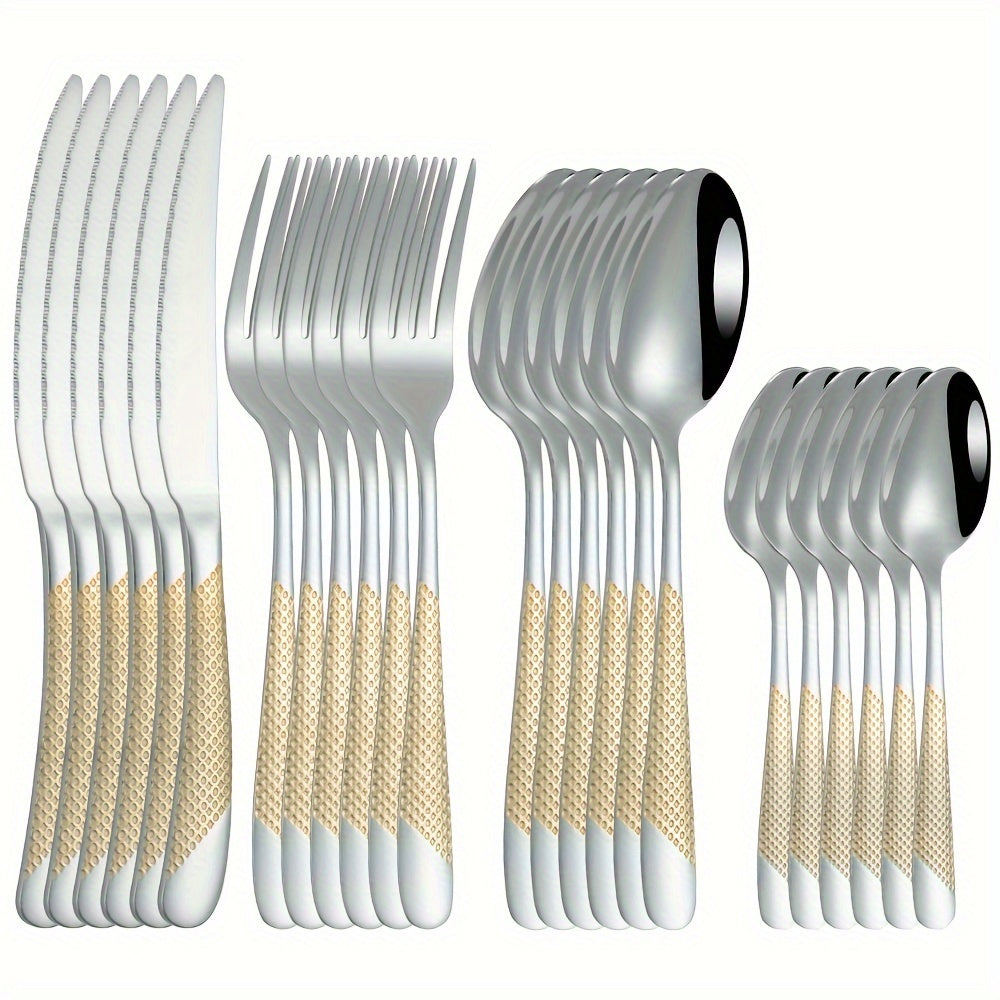 Juego de cubiertos de acero inoxidable con diseño de estrella, 24 piezas, incluye cuchillo para carne, tenedor, cuchara y cuchara de postre, ideal para hogar, cocina, hotel, restaurante, fiestas, bodas y eventos, apto para lavavajillas, disponible en var