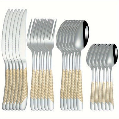 Juego de cubiertos de acero inoxidable con diseño de estrella, 24 piezas, incluye cuchillo para carne, tenedor, cuchara y cuchara de postre, ideal para hogar, cocina, hotel, restaurante, fiestas, bodas y eventos, apto para lavavajillas, disponible en var