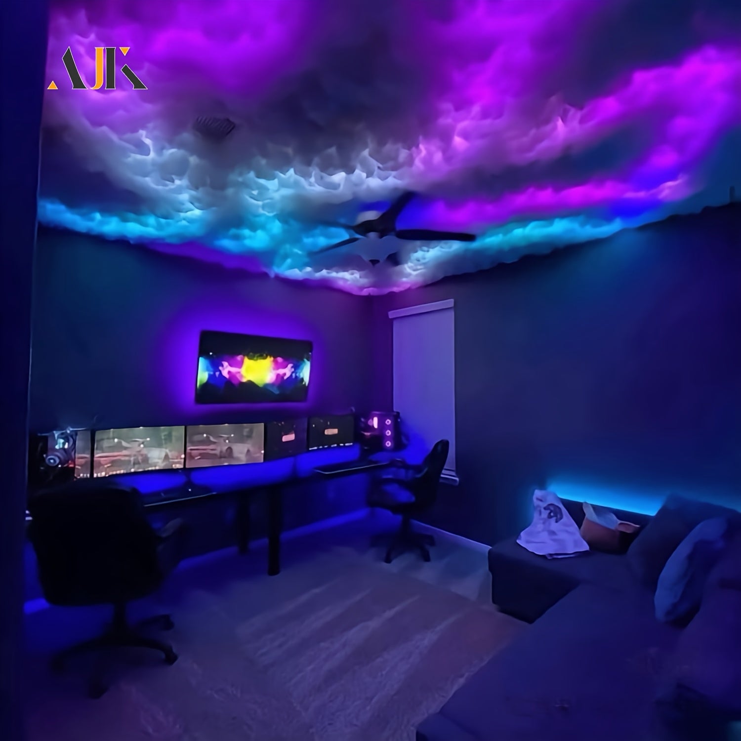Kit de luces de nube grande 3D AJK 6m, sincronización de música, blanco cálido, multicolor, cambio de luces de rayo, las decoraciones más frescas para el hogar, dormitorio, hotel, cafetería